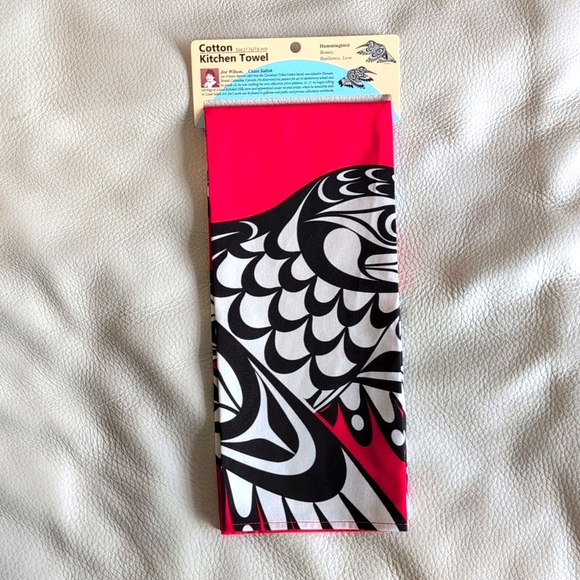 Cotton Kitchen Towel Hummingbird Indigenous Design by Joe Wilson, Coast Salish - Picture 3 of 5
